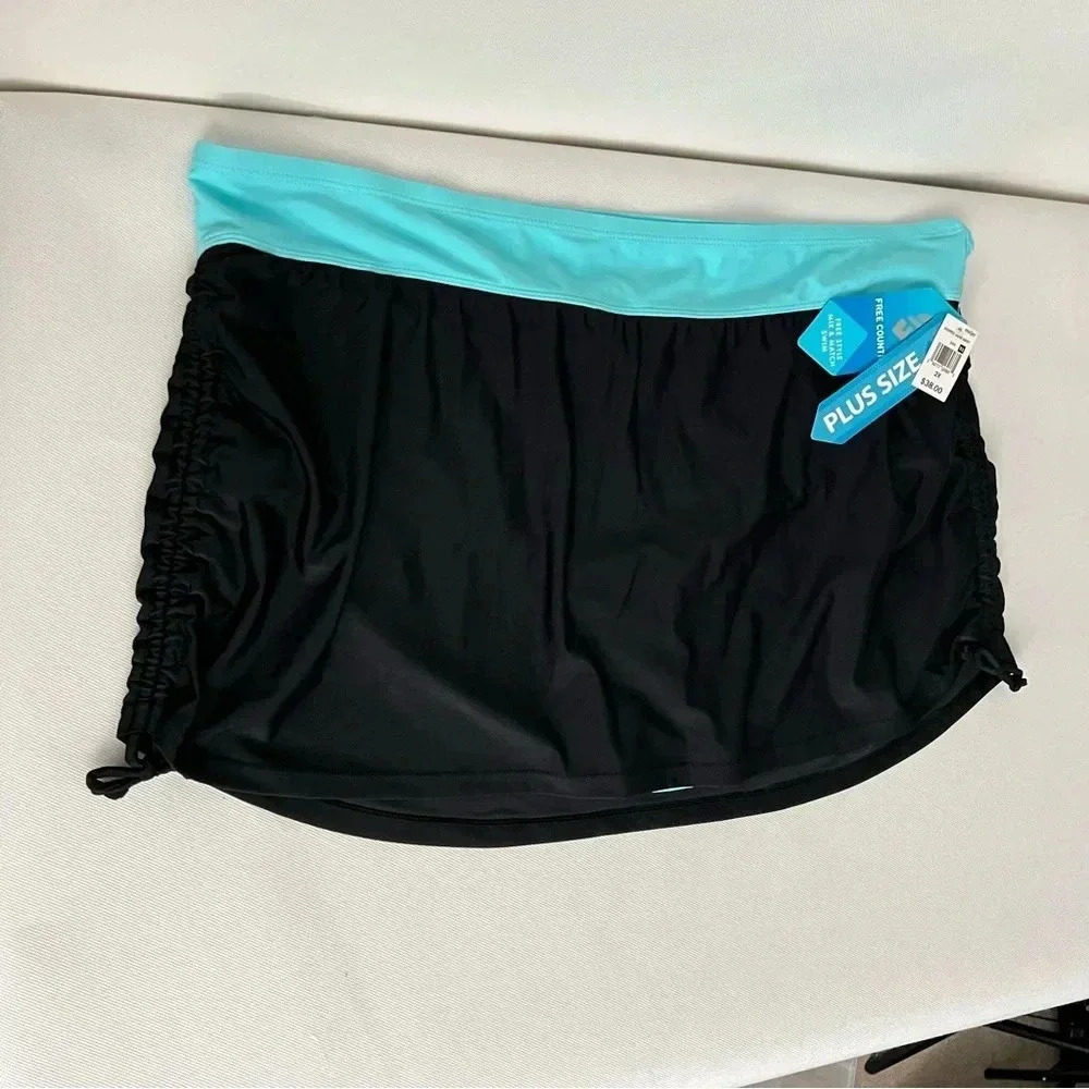 Free Country Side Shirred Swim Skirt Size 2X Black/Blue Built-In Brief